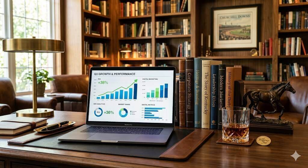 A modern executive desk setup showcasing professional book marketing symbols and subtle nods to Kentucky. A laptop screen displays colorful Q3 growth and performance marketing charts alongside stacked classic literature books. To the right, a classic thoroughbred equine bookend holds the novels, placed next to a crystal glass of rich bourbon whiskey on a leather coaster within a warm, wood-paneled office library.