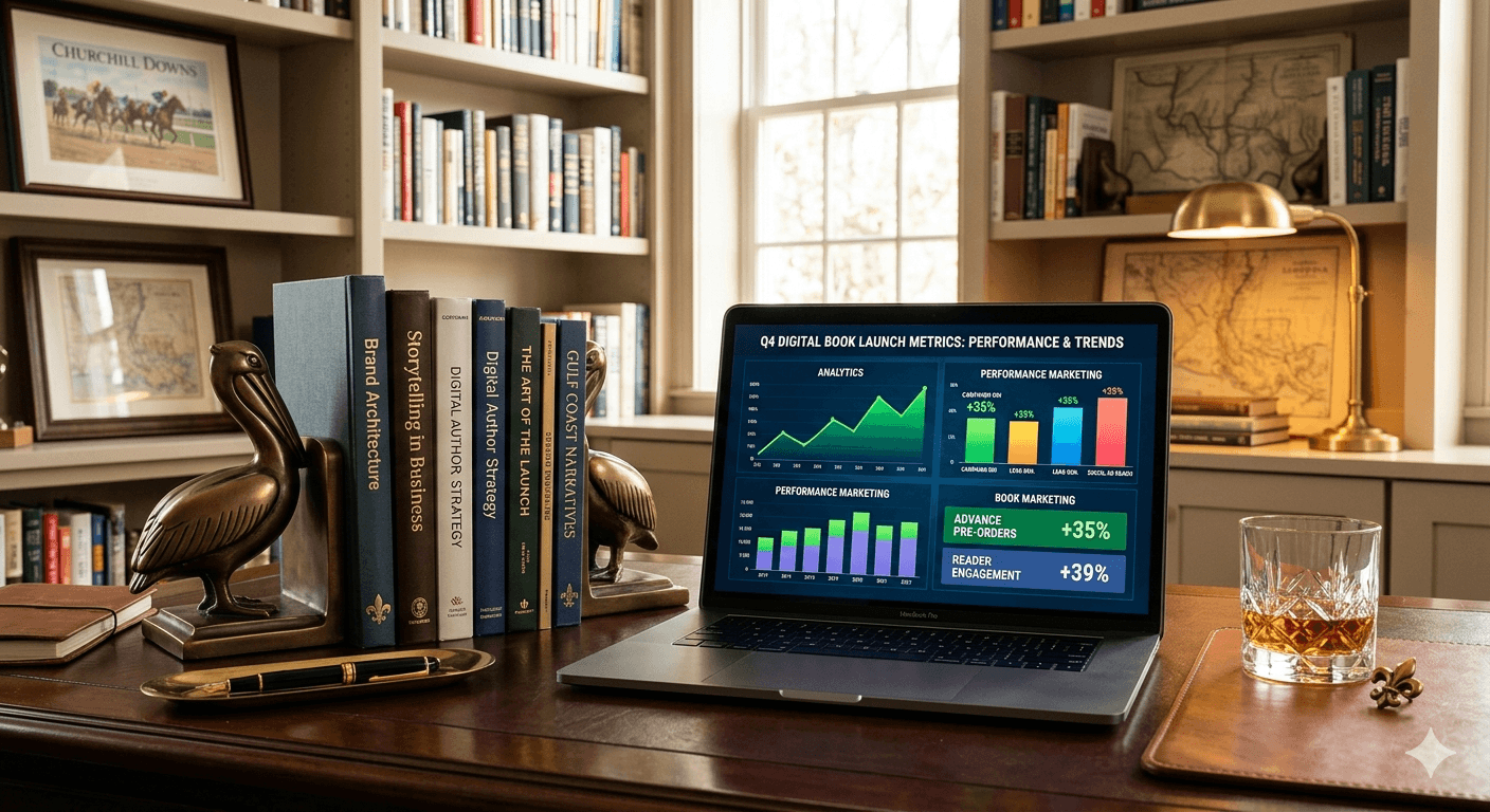 Laptop displaying a digital dashboard for performance book marketing in an executive office, highlighting the trends for top book marketing in Louisiana 2026.
